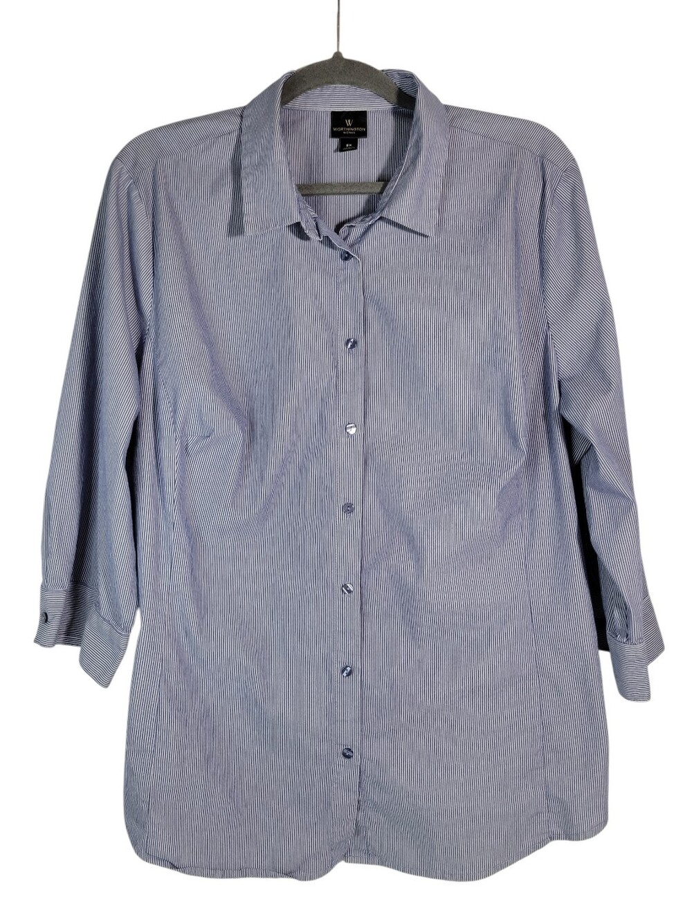 Worthington Woman blue and white pinstripe 3/4 sleeve button up top Size 2X